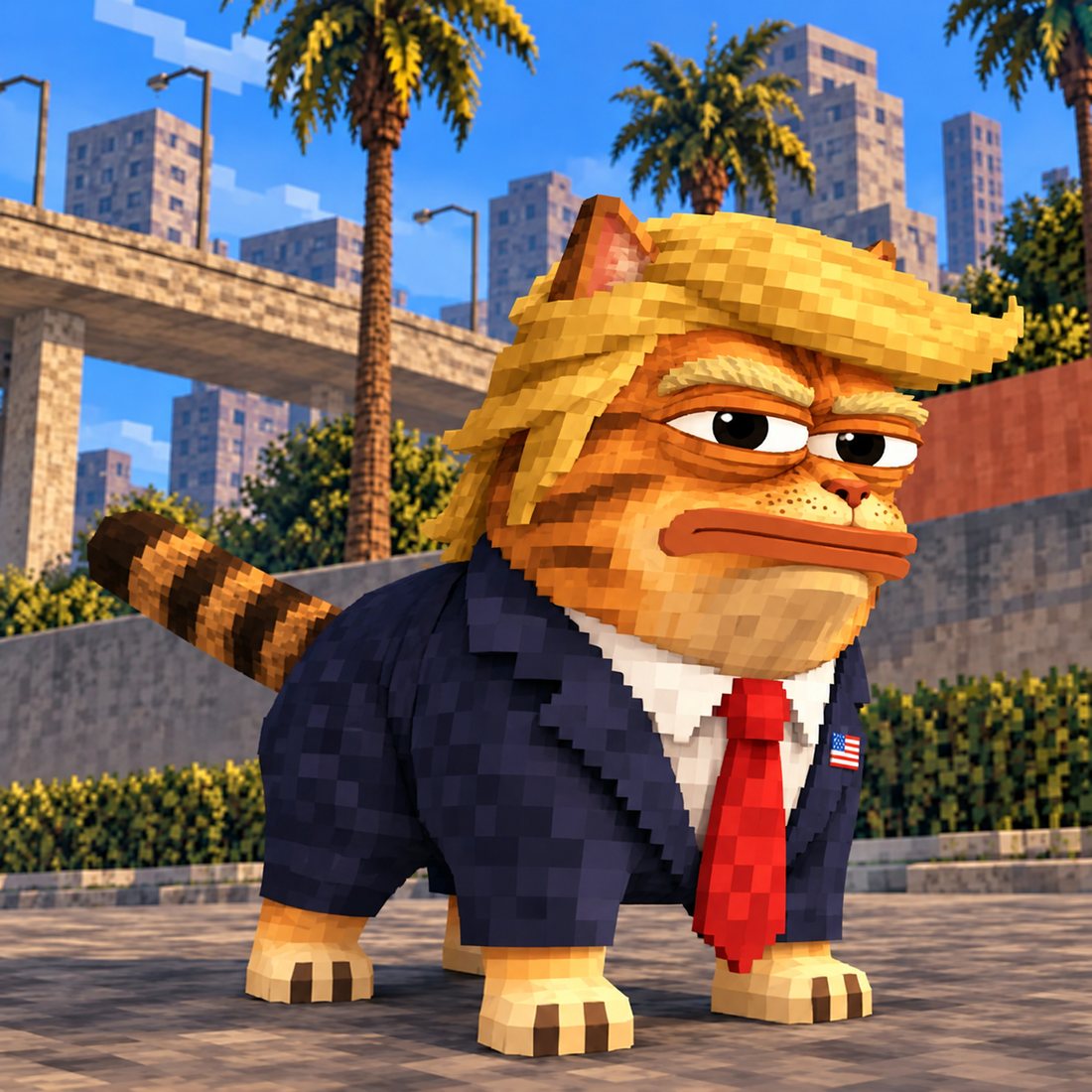 TRUMPDOPE — a voxel orange cat with a golden mane in a navy suit and red tie