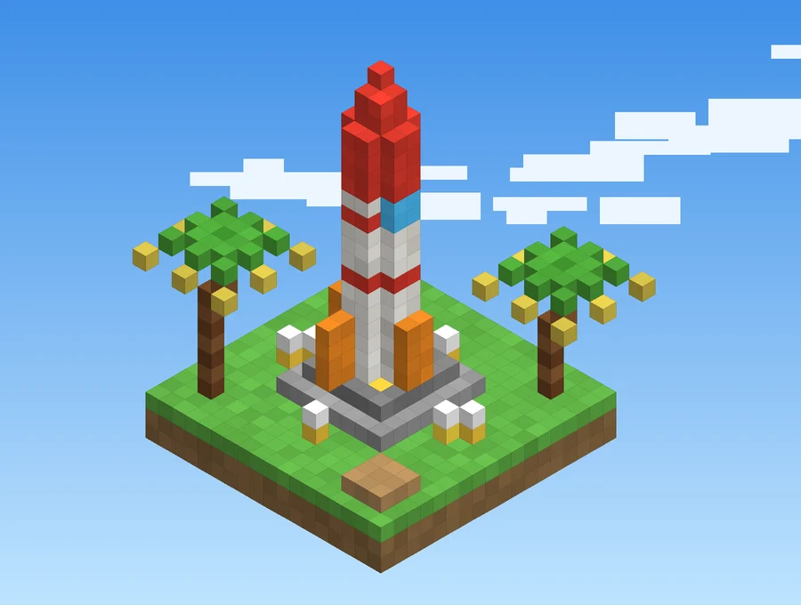 Voxel rocket on a launch pad between palm trees