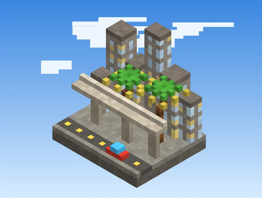 Voxel city with towers, palm trees and an overpass