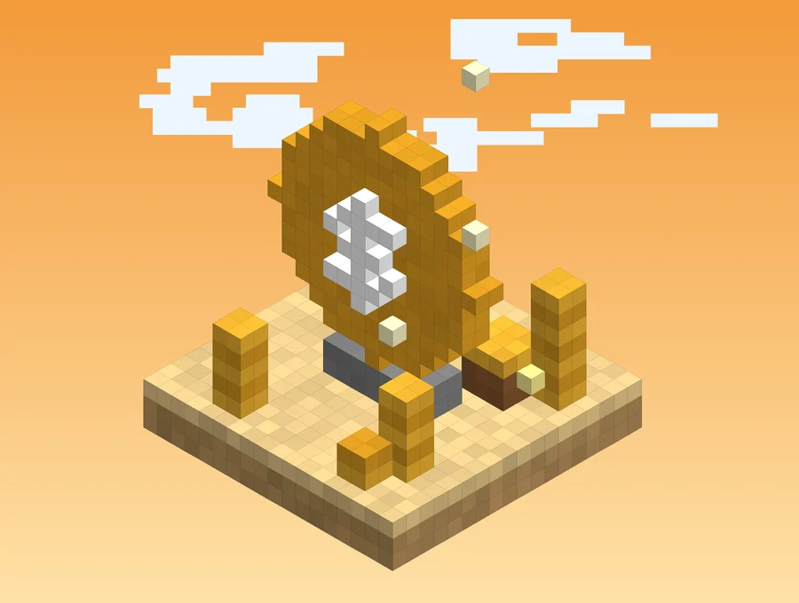 Giant voxel gold coin surrounded by stacks of coins