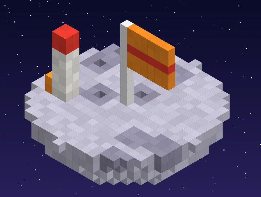 Voxel moon with a planted flag and a parked rocket